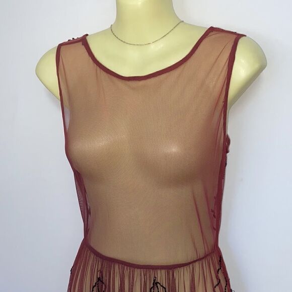Free People  Dress Wine Mesh Beaded Sheer Net Dress Excellent Size Small - Picture 2 of 8
